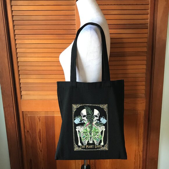 Garden Goth Punk The Plant Lover Skeleton Watering Can Black Canvas Tote Back - Picture 5 of 6